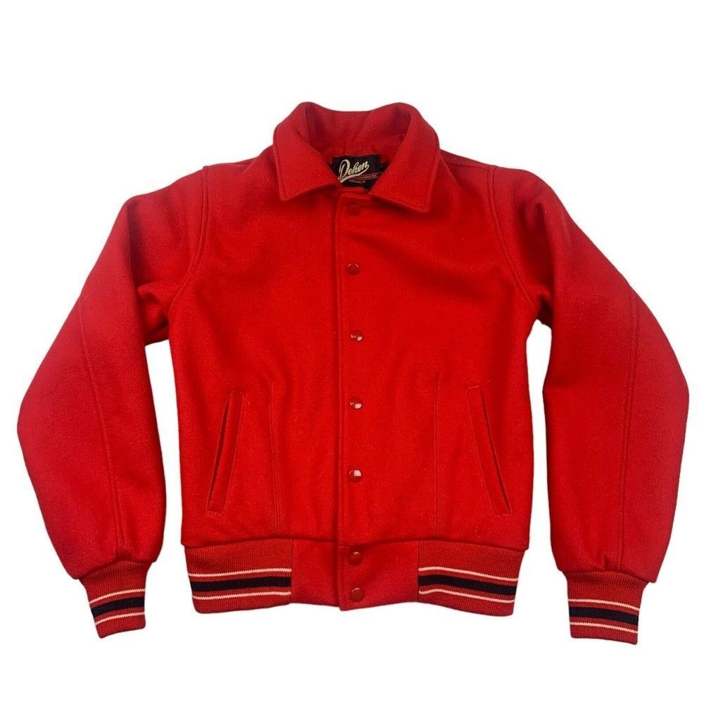 Dehen Men's Small Solid Red Wool Varsity Style Snap Front Jacket READ